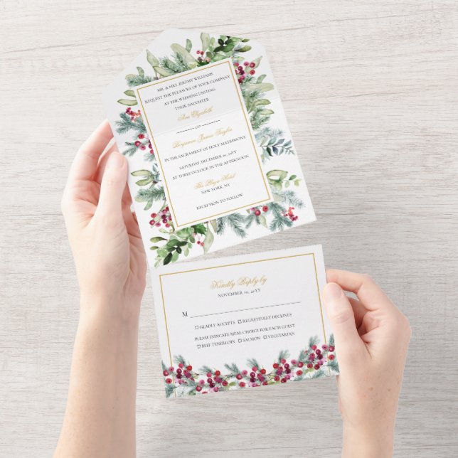 Ava Winter Berries bröllopsinbjudan med RSVP (Avrivbar del)