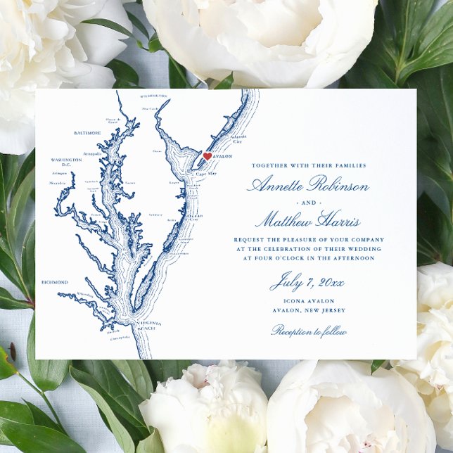 Avalon New jersey Elegant bröllop Inbjudningar (Elegant Avalon New Jersey Map Wedding Invitation with navy blue script typography and red heart)