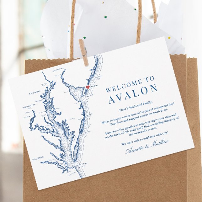 Avalon NJ Bröllop Helg Events Välkommen i Irland Tack Kort (Welcome To Avalon New Jersey Wedding Itinerary and Weekend Events Letter in elegant navy blue)