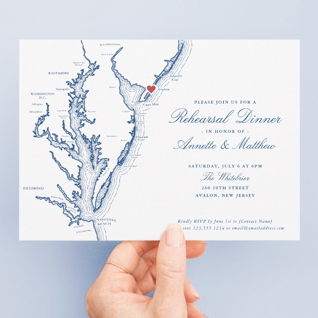 Avalon NJ Elegant bröllop Rehearsal Middag Inbjudningar (Elegant Avalon New Jersey Wedding Rehearsal Dinner invitation with navy blue Jersey Shore map)