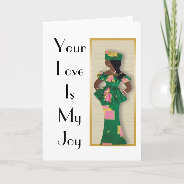 Avbilda av kvinnligt i grönt, rosan, guld- dress tack kort (Framsida)