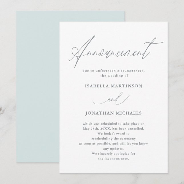 Avbokning av vacker blå kalligrafi Bröllop Inbjudningar (Fram/baksida)