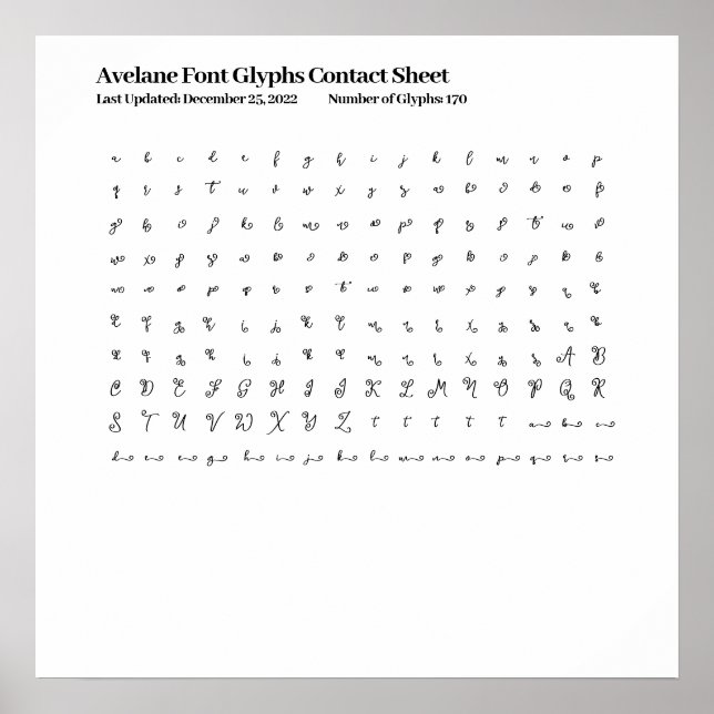 Avelane Font Glyphs Kontakta Lakan Poster (Framsidan)