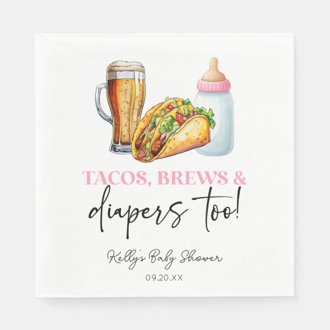 Även rosa Tacos Brews och Diaper! Baby Shower Pappersservett (Framsidan)