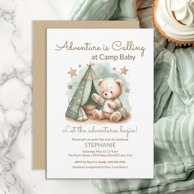 Äventyr anropar Camp Baby Shower Inbjudningar (Adventure Awaits at Camp Baby cute teddy bear baby shower invitation. Gender neutral.)
