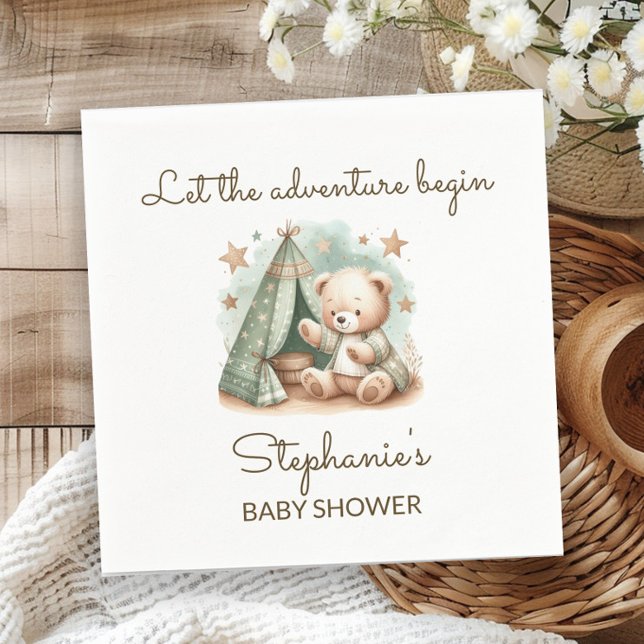 Äventyr anropar Nalle Baby Shower Pappersservett (Teddy bear "Let the adventure begin" baby shower paper napkin)
