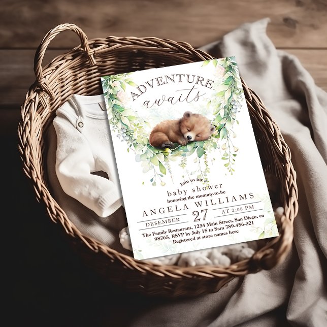 Äventyr Await Woodland Bear Greenery Baby Shower Inbjudningar (Skapare uppladdad)