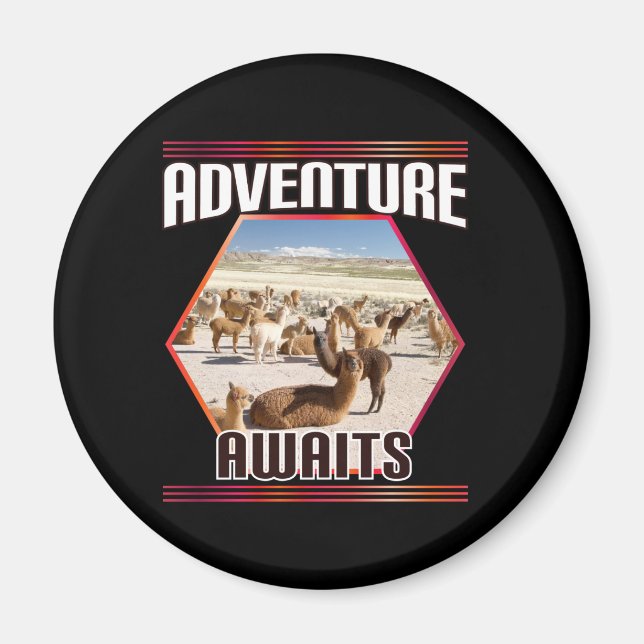 Äventyr Awaits - Alpaca Llama Travel Magnet (Framsidan)