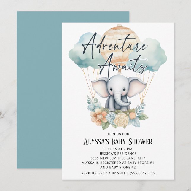 Äventyr Awaits Balloon Elephant Blue Boy Inbjudningar (Fram/baksida)