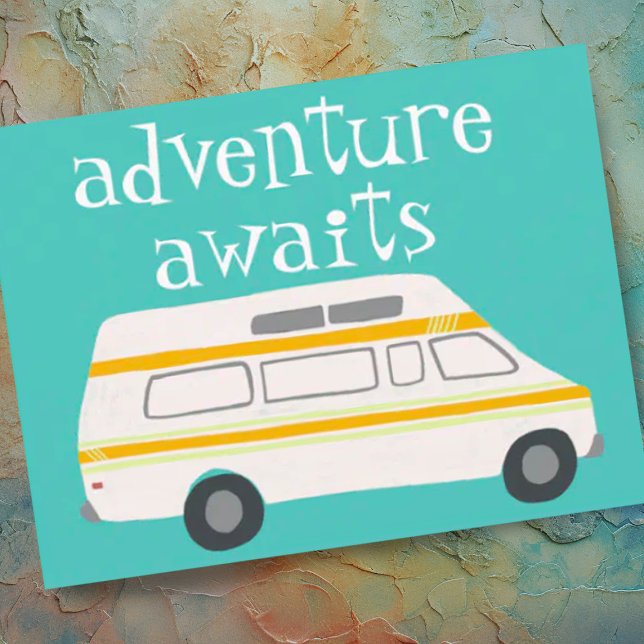 ÄVENTYR AWAITS Camping Campervan RV Vykort (Cute vintage van illustration "adventure awaits". Customize with your own text too)