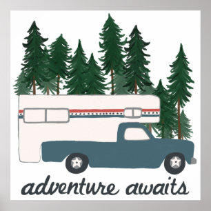 Äventyr Awaits Camping Lastbil Camper Art Poster