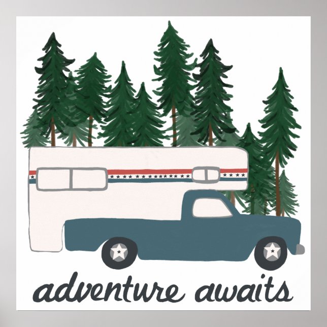 Äventyr Awaits Camping Lastbil Camper Art Poster (Framsidan)