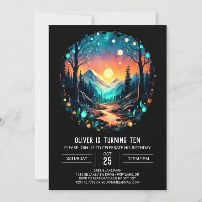 Äventyr Awaits Fireflies in i Skogen födelsedag Inbjudningar (Framsida)