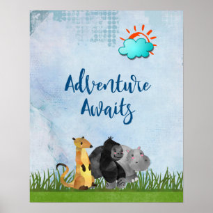 Äventyr Awaits - Gorilla Hippo och Meerkat Poster