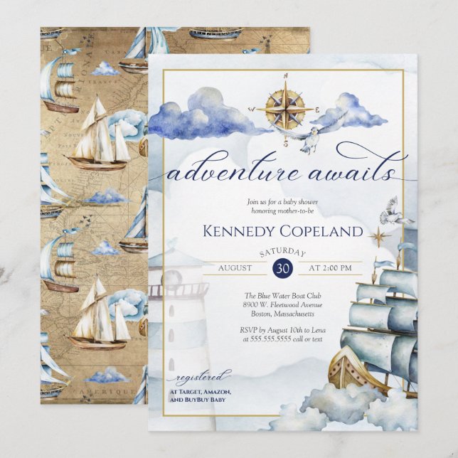Äventyr Awaits - Nautical Dream Frakt Baby Shower Inbjudningar (Fram/baksida)