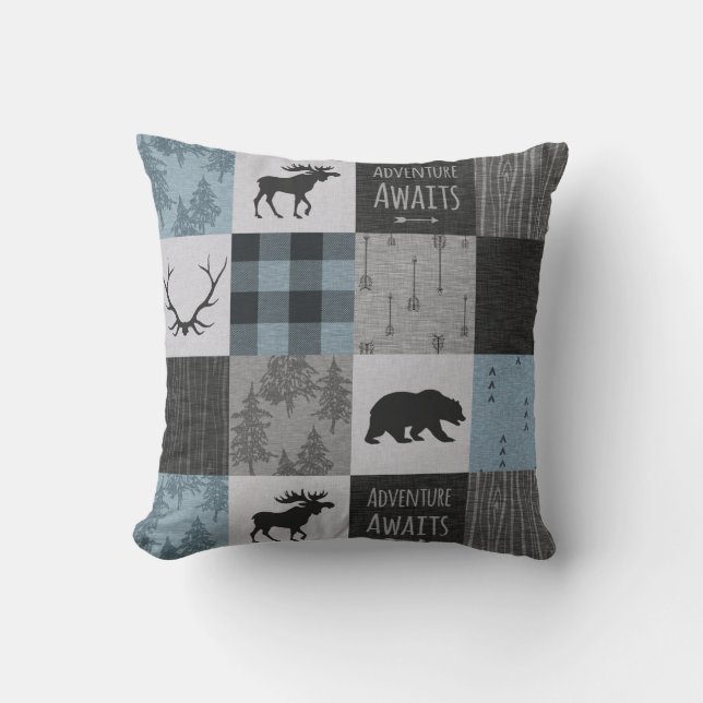 Äventyr Awaits Pillow - Blue, Black, grått Kudde (Framsida)
