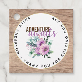 Äventyr Awaits Rustic Lila blommor Baby Shower Gåvor Etiketter