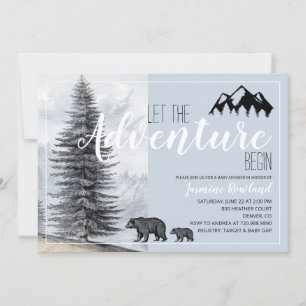 Äventyr Awaits Rustic Woodland Bears Baby Shower Inbjudningar