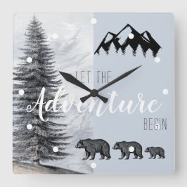 Äventyr Awaits Rustic Woodland Bears Nursery Fyrkantig Klocka