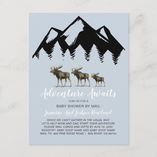 Äventyr Awaits Rustic Woodland Moose Baby Shower Inbjudan Vykort (Framsida)