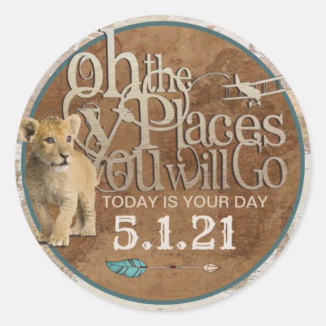 Äventyr Awaits Stickers Runt Klistermärke (Framsida)