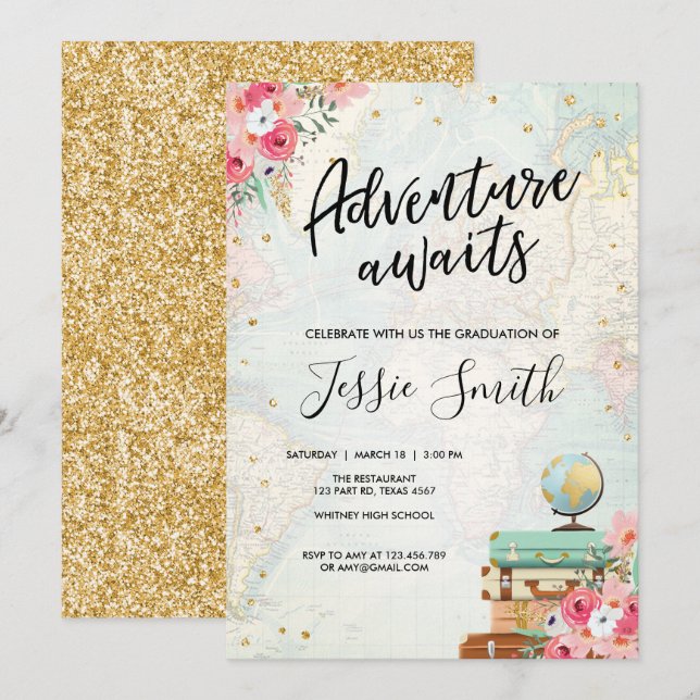 Äventyr Awaits Travel Studenten School Party Inbjudningar (Fram/baksida)