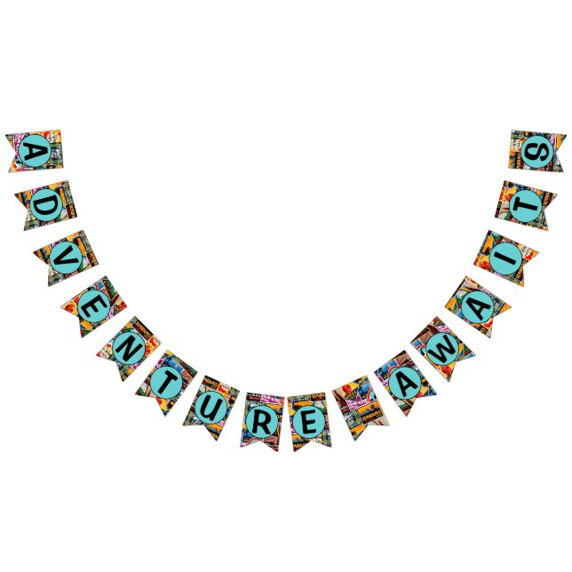 Äventyr Awaits Vintage resor-etikett Vimplar (Alla)