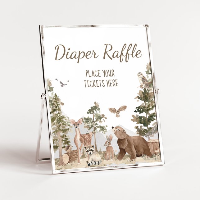 Äventyr Awaits Woodland Animals Diaper Raffle Poster (Woodland Animals Adventure Awaits Baby Shower Diaper Raffle Sign)