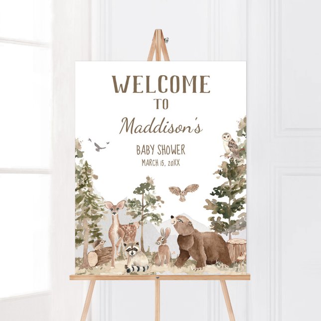 Äventyr Awaits Woodland Animals Välkommen Poster (Woodland Animals Adventure Awaits Baby Shower Welcome Sign)