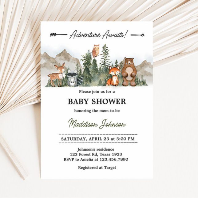 Äventyr Awaits Woodland Baby Shower Inbjudningar (Woodland Animals Adventure Awaits Baby Shower invitation)