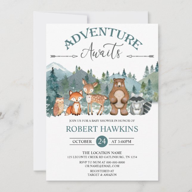 Äventyr Awaits Woodland Rustic Baby Shower Invit Inbjudningar (Framsida)