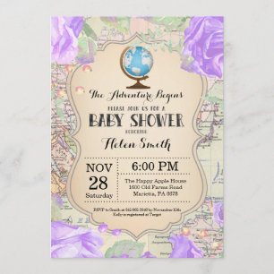Äventyr Baby Shower Blommigt Karta Travel World Inbjudningar