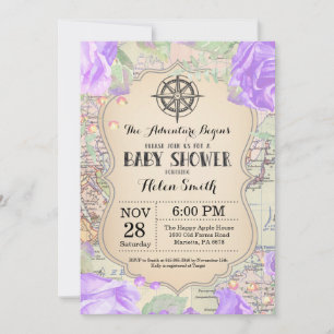 Äventyr Baby Shower Blommigt Karta Travel World Inbjudningar