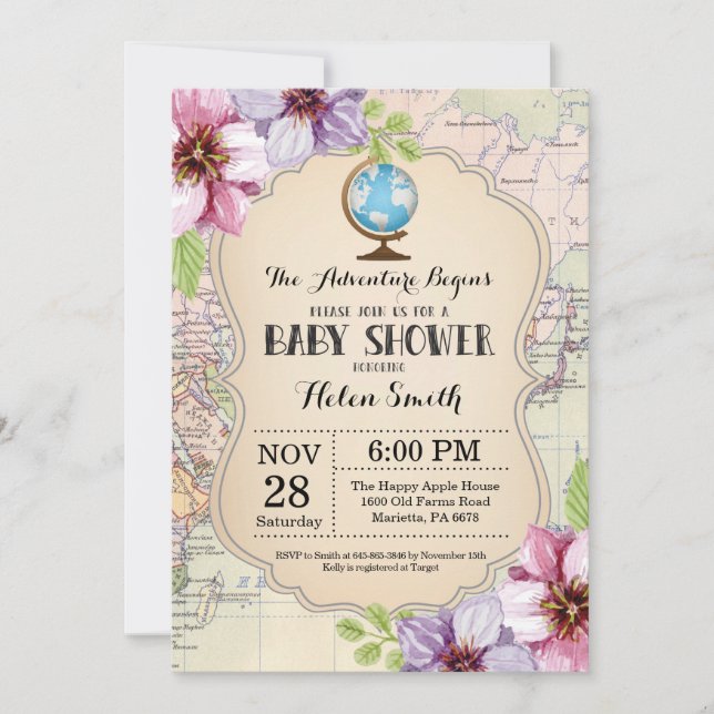 Äventyr Baby Shower Blommigt Karta Travel World Inbjudningar (Framsida)
