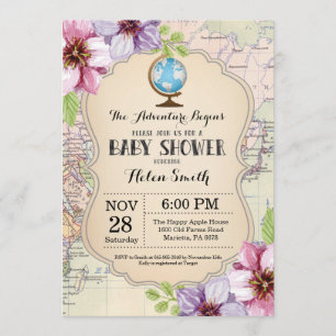 Äventyr Baby Shower Blommigt Karta Travel World Inbjudningar