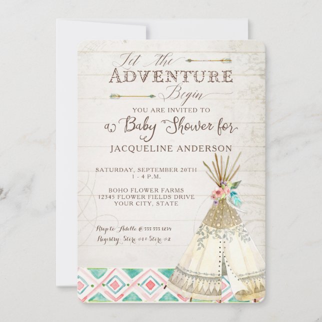 Äventyr Baby Shower Girl Teepee Wood Arrows Art Inbjudningar (Framsida)