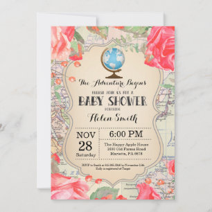 Äventyr Baby Shower Red Blommigt Karta Travel Worl Inbjudningar