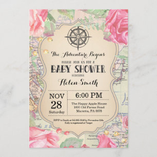 Äventyr Baby Shower Rosa Blommigt Karta Travel Wor Inbjudningar