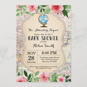 Äventyr Baby Shower Rosa Blommigt Karta Travel Wor Inbjudningar