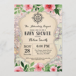 Äventyr Baby Shower Rosa Blommigt Karta Travel Wor Inbjudningar