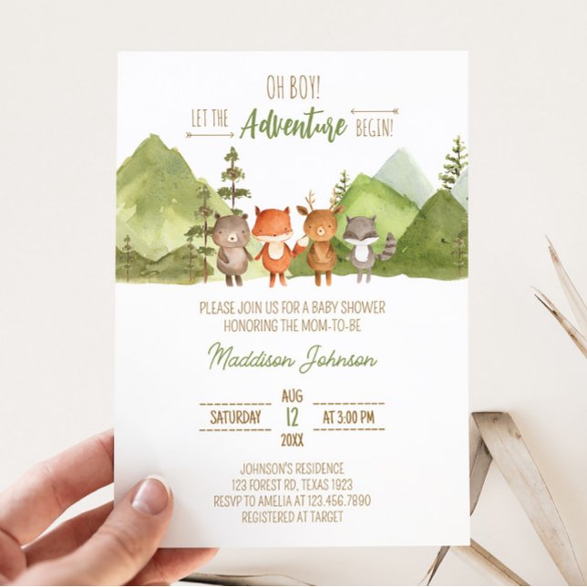 Äventyr Begin Forest Mountain Baby Shower Inbjudningar (Let the Adventure Begin Baby Shower Invitation)