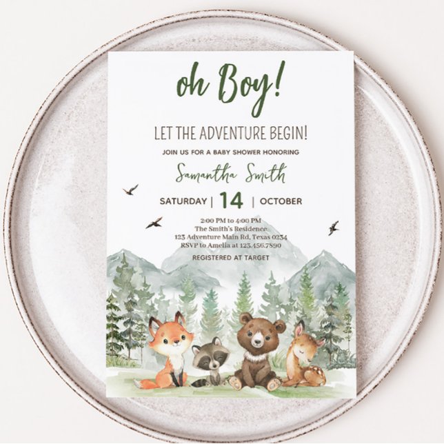 Äventyr Begin Woodland Animals Baby Shower Inbjudningar (Adventure Awaits Baby Shower Invitation)