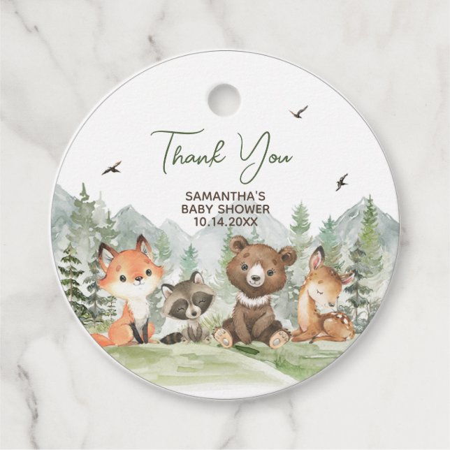 Äventyr Begin Woodland Animals Baby Shower Round Gåvor Etiketter (Framsida)