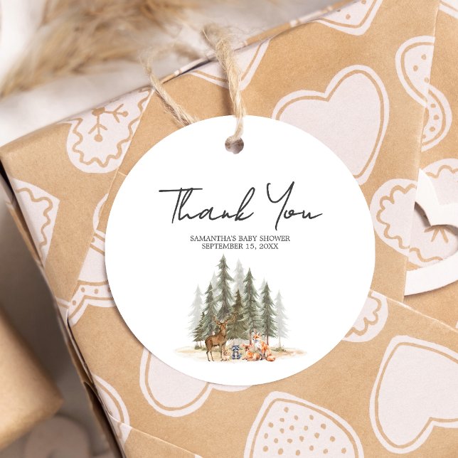 Äventyr Begin Woodland Animals Baby Shower Round Gåvor Etiketter (Let the Adventure Begin Woodland Animals Baby Shower Favor Tags)