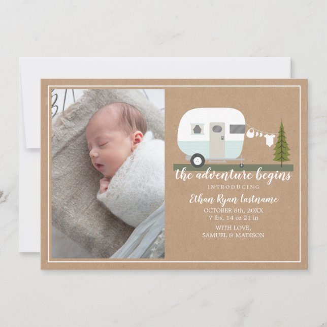 Äventyr Begins Blue Camper Baby Birth Meddelande (Framsida)
