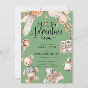 Äventyr Begins Boho Baby Shower Grönt Inbjudningar