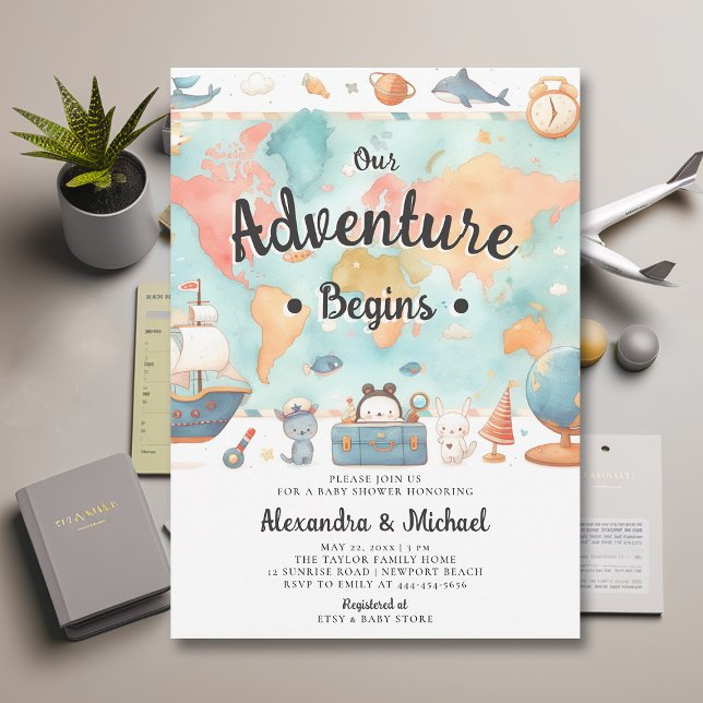 Äventyr Begins Karta Par Neutralt Baby Shower Inbjudningar (our adventure begins baby shower invitation gender neutral cute world map watercolor cute adorable)