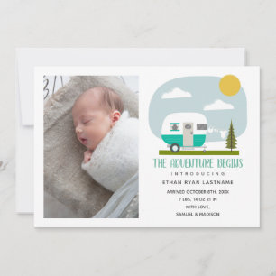 Äventyr Begins Turquise Camper Baby Birth Meddelande