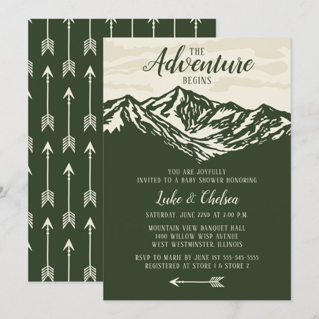 Äventyr börjar bergsskuvret för rustiska barn inbjudningar (Fram/baksida)