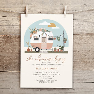 Äventyr börjar Boho Rosa Camper Baby Shower Inbjudningar
